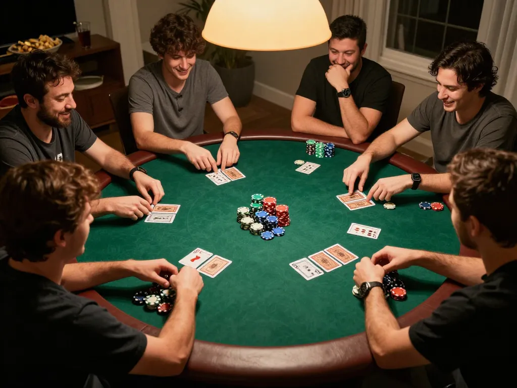 Players strategizing during a poker game at home with SC88 branding visible, creating a competitive atmosphere.