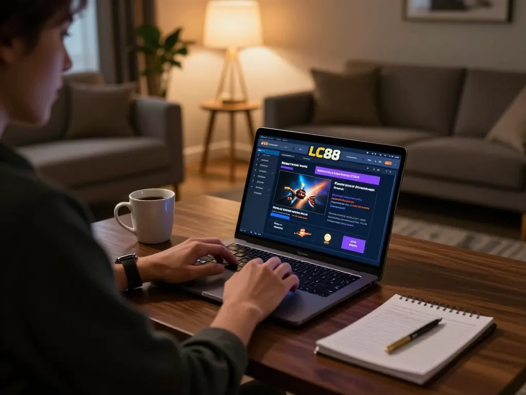 Player strategizing on the LC88 gaming interface at home, creating a responsible gambling atmosphere