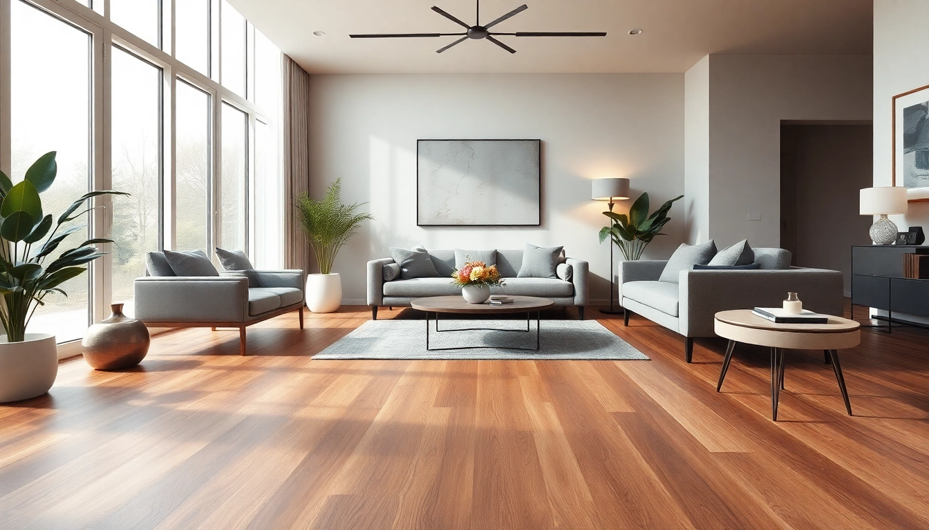 Showcasing waterproof LVP flooring in a luxurious, modern living room filled with natural light.