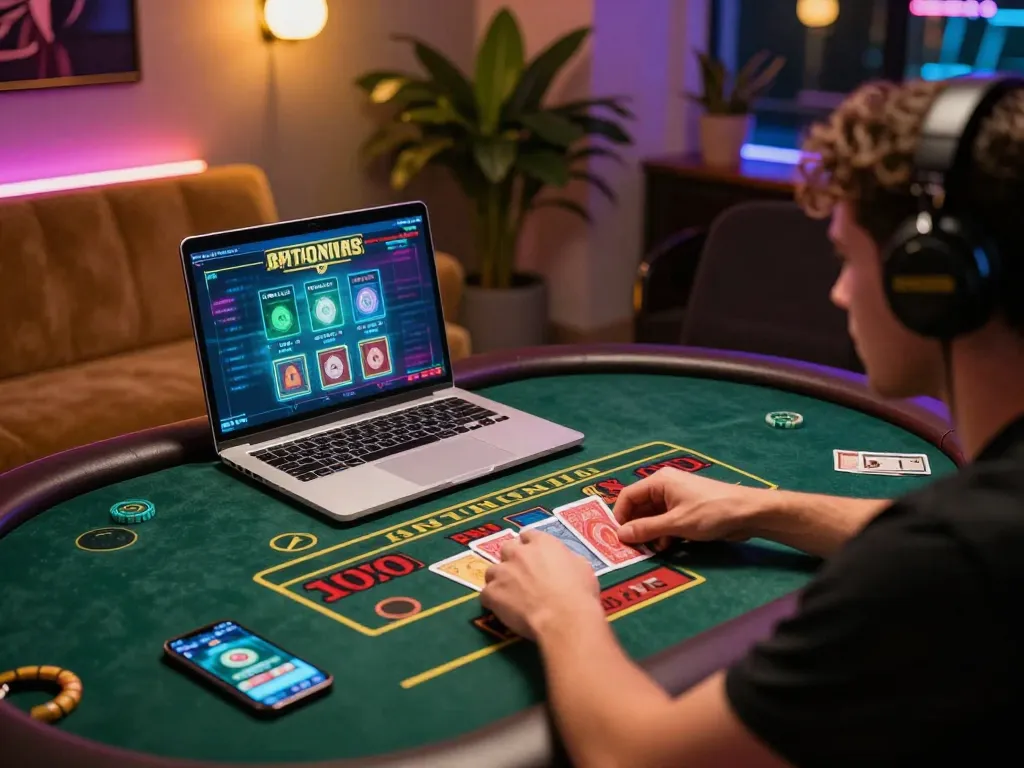 Engaged player enjoying n188 live dealer casino game on laptop, showcasing exciting gameplay.
