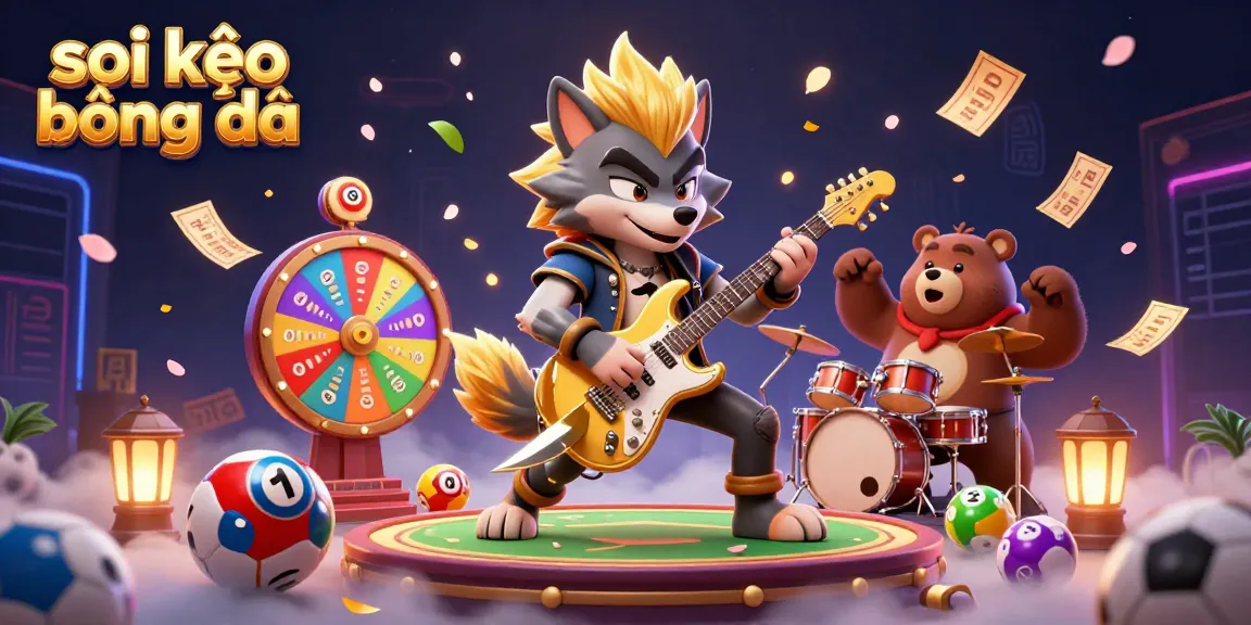 Soi kèo bóng đá comes alive with a cartoon rock star wolf and drummer bear enhancing your betting experience.