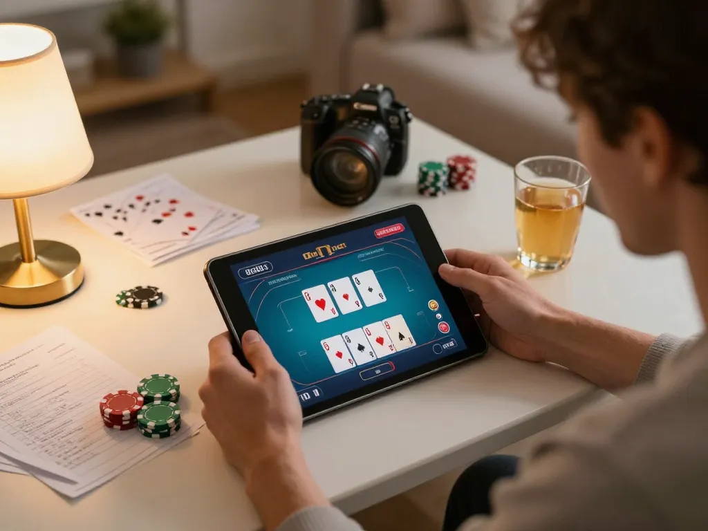Engaged player enjoying 789 win poker online on tablet, showcasing cozy home gaming atmosphere.