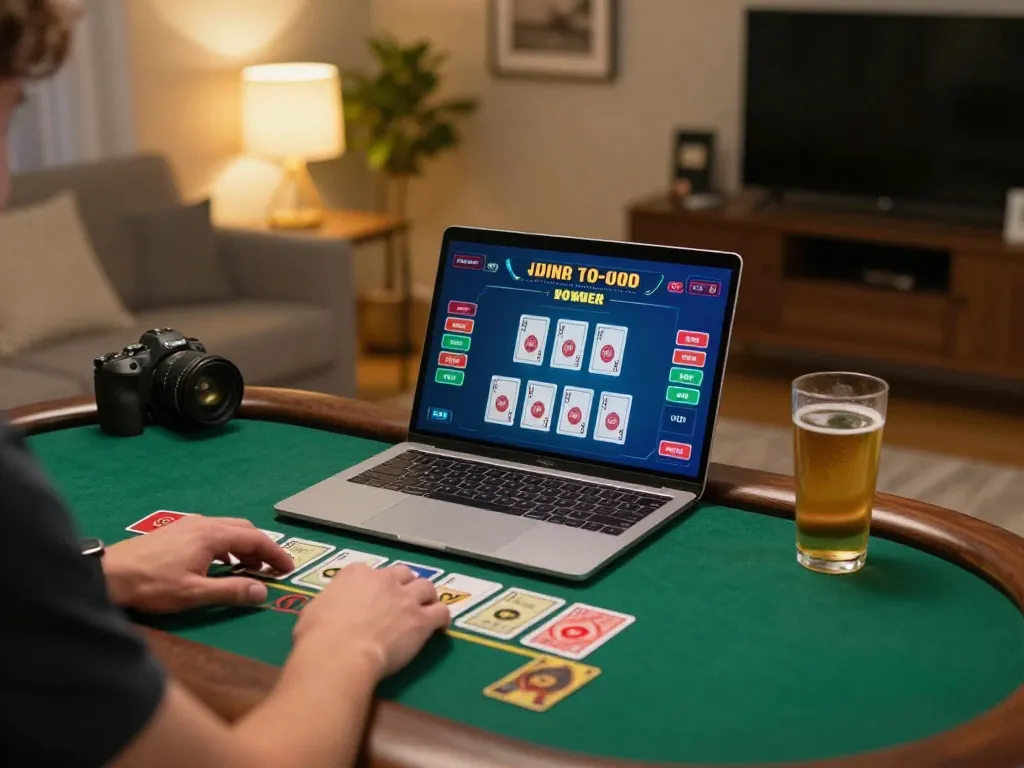 Windd player enjoying live dealer blackjack on laptop in a cozy home setting with warm lighting.