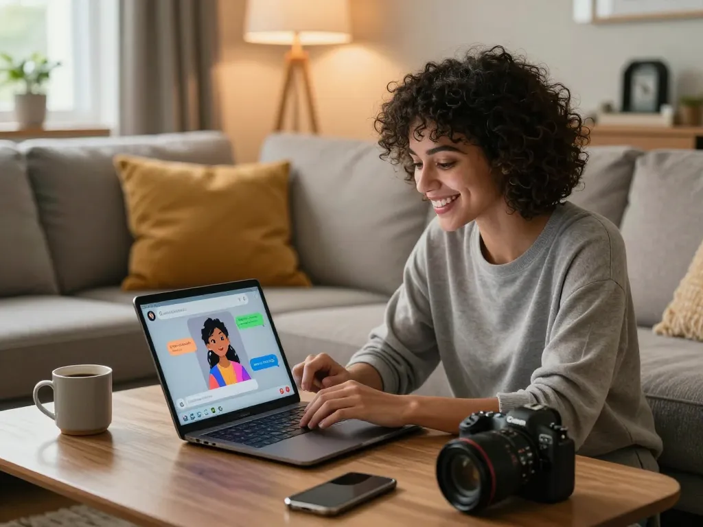 Engaging with an AI girlfriend on a laptop in a cozy home setting.