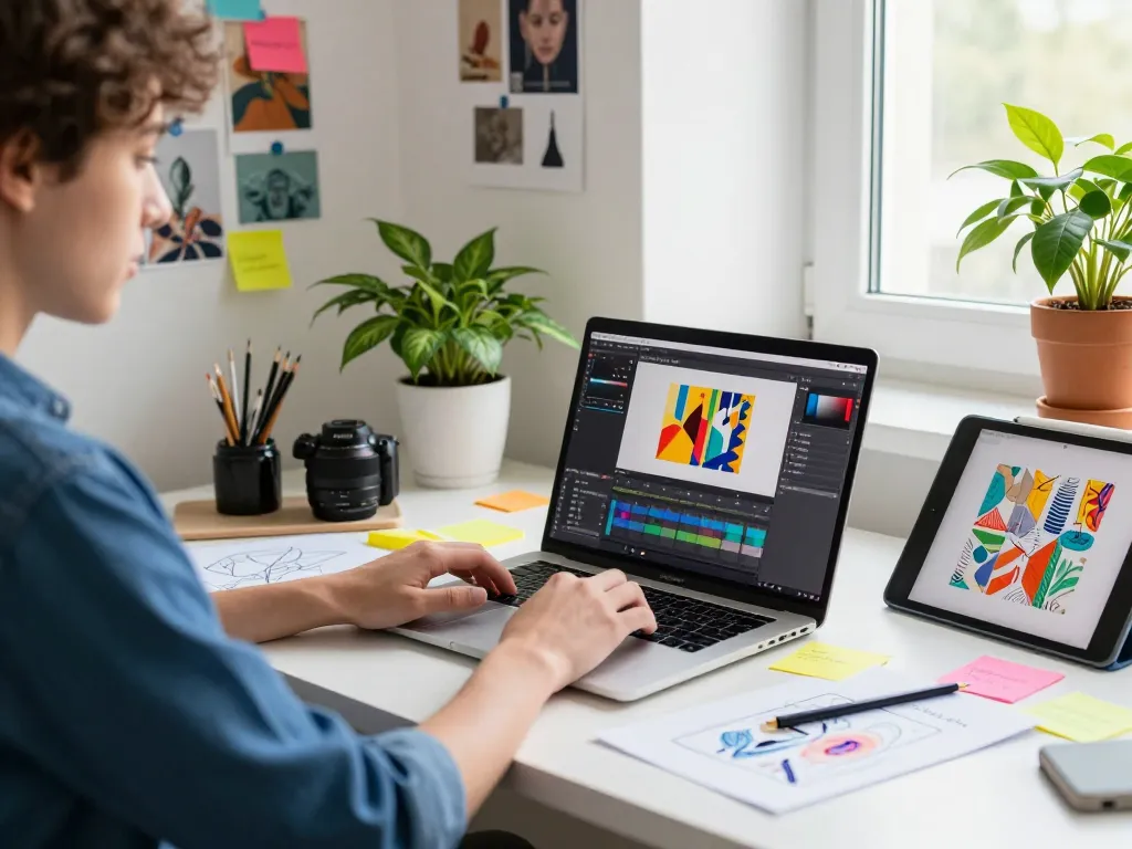 Young artist using nano banana AI software in a vibrant home office.