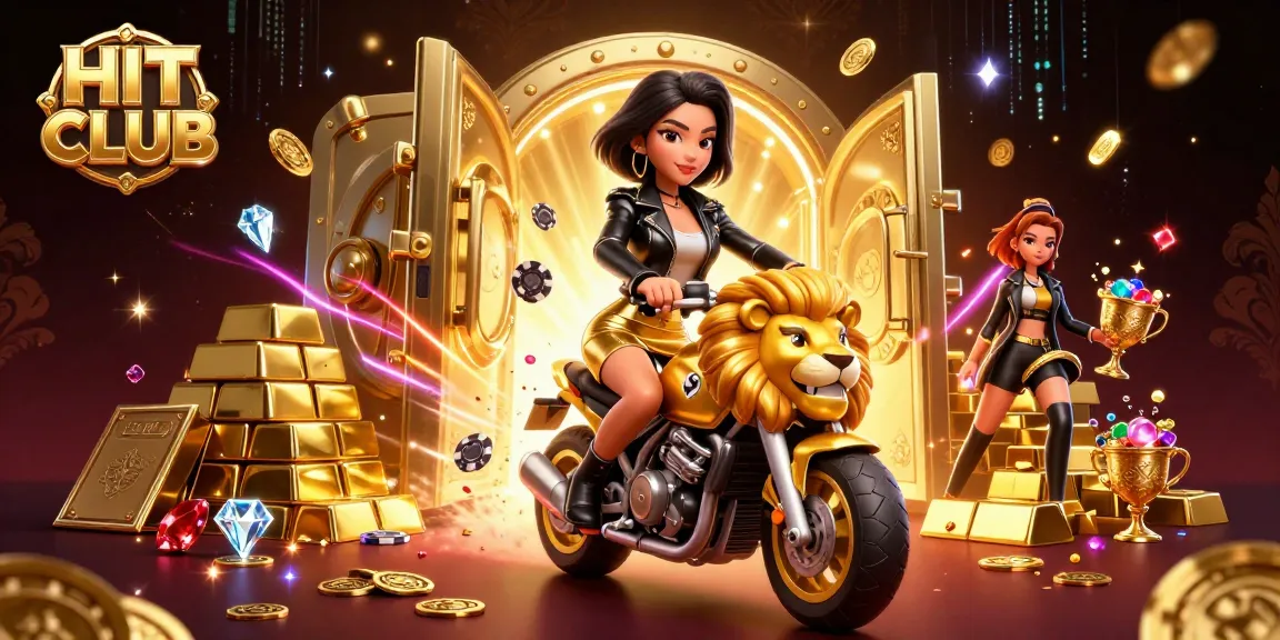 Experience the thrill of HIT CLUB with a glamorous Asian gamer riding a golden lion in a vibrant casino scene.