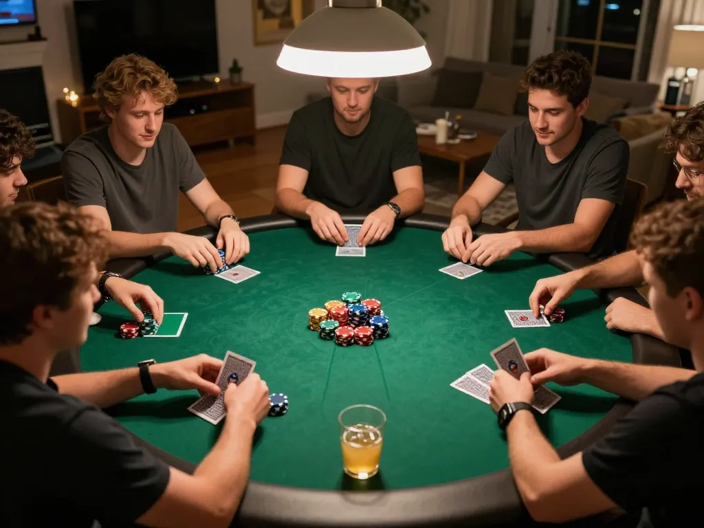 Players enjoying a lively poker game at home, enhancing the appeal of OPEN88 online gambling.