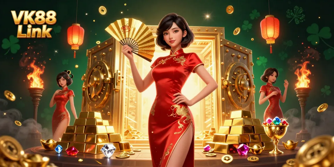 A confident Asian woman displays the VK88 Link while surrounded by riches and casino elements in a vibrant 3D illustration.