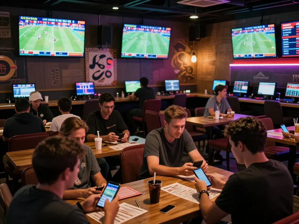 Engaged sports bettors happily placing wagers on 86bet in a lively betting atmosphere with live match screens.