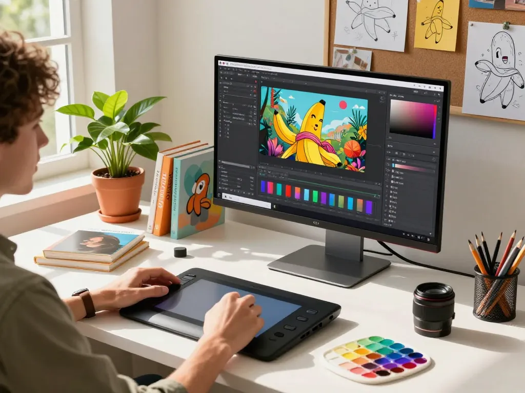 Dynamic artist workspace showcasing nano banana flash AI image editing in action.