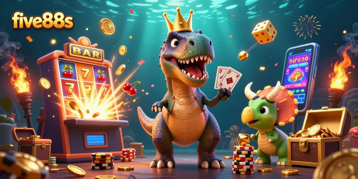 Engage with five88s while a cartoon T-Rex struggles to shuffle cards at an exciting casino scene.