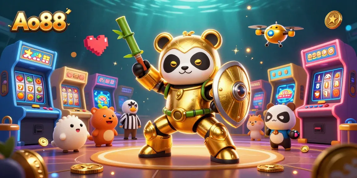 Engage with Ao88's gaming universe featuring a golden panda in a dynamic casino arena.