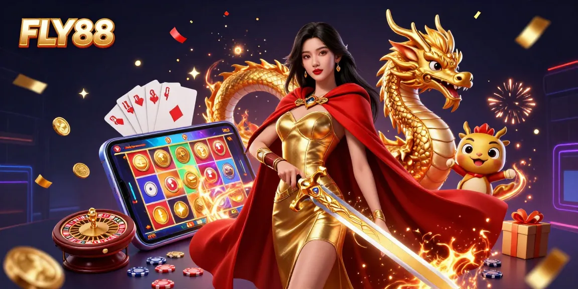 Engage with FLY88's vibrant casino world featuring a warrior queen, golden coins, and slot games.