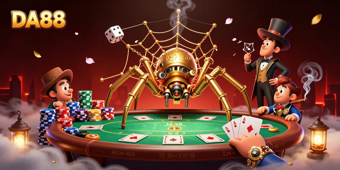 Engage with DA88 in an electrifying casino scene featuring a steampunk spider and poker chips.