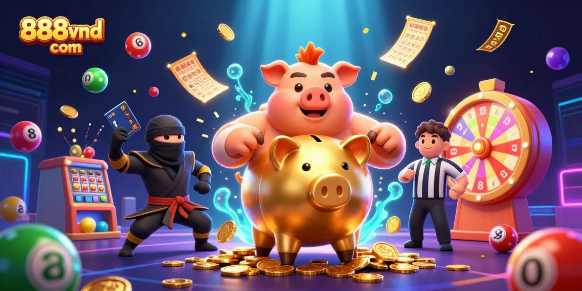 Engage with exciting gaming action at 888vnd com with colorful lottery elements and dynamic characters in an energetic casino scene.