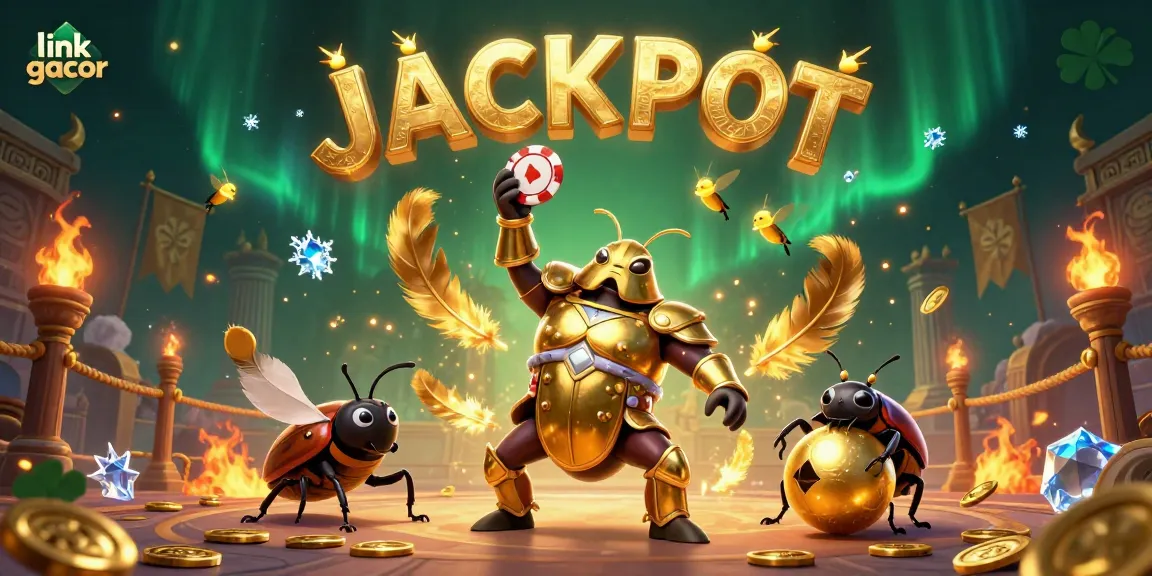 Spin to win with "link gacor" as the beetle champion lifts a poker chip in a vibrant casino scene.