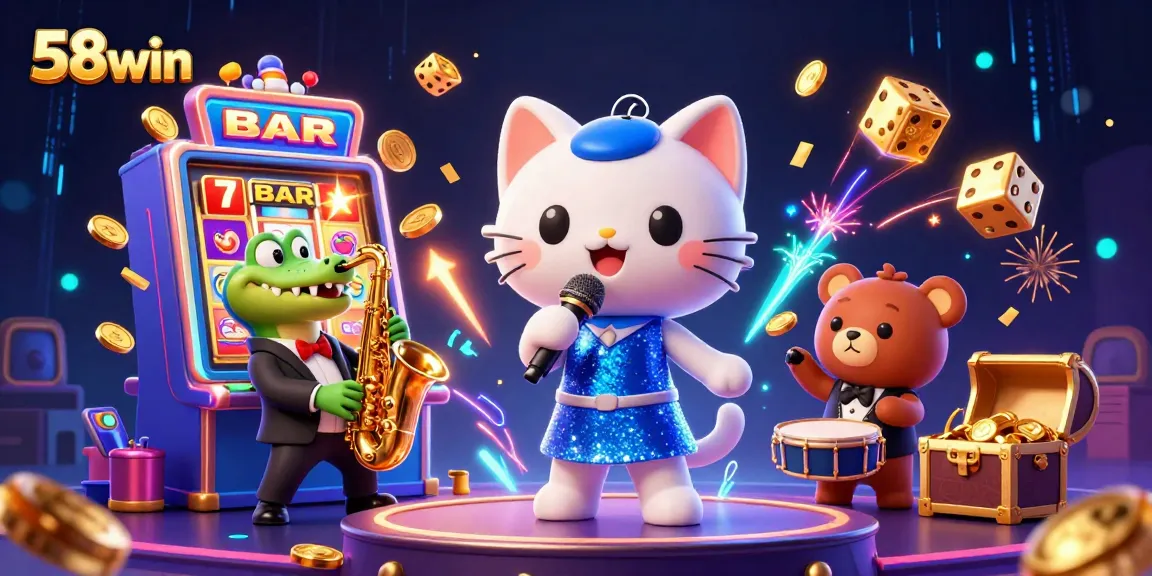 Experience the excitement of 58win with vibrant casino elements and animated characters.