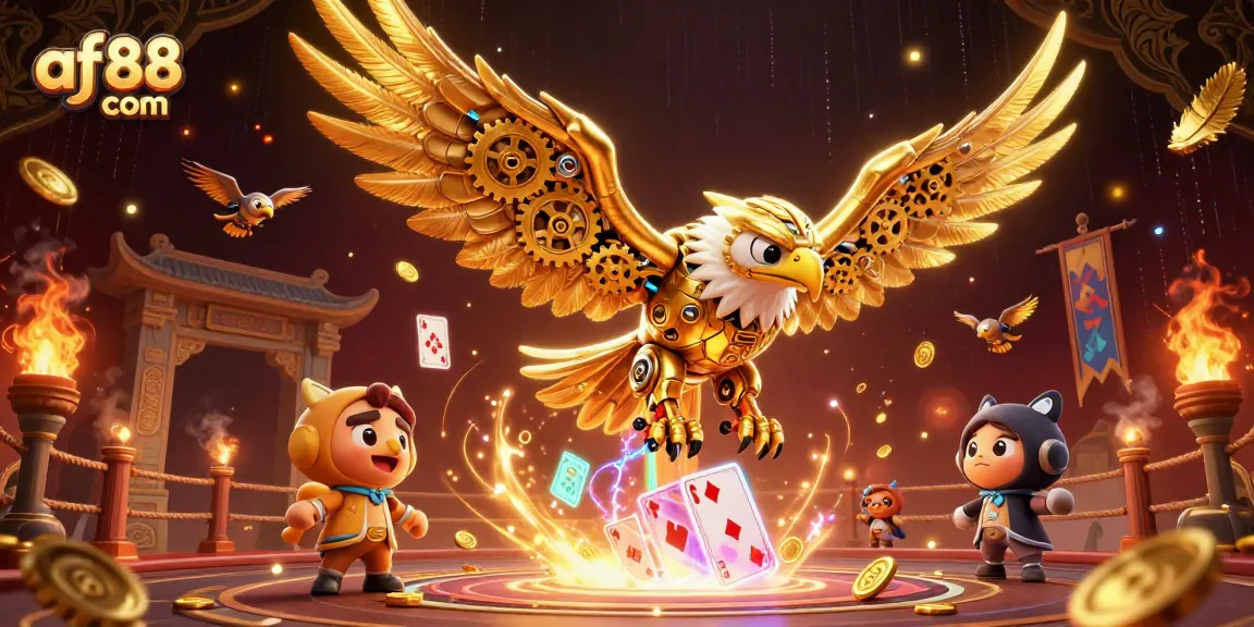 Engage with af88 com's electrifying casino experience featuring a cybernetic eagle soaring through golden coins and playing cards.