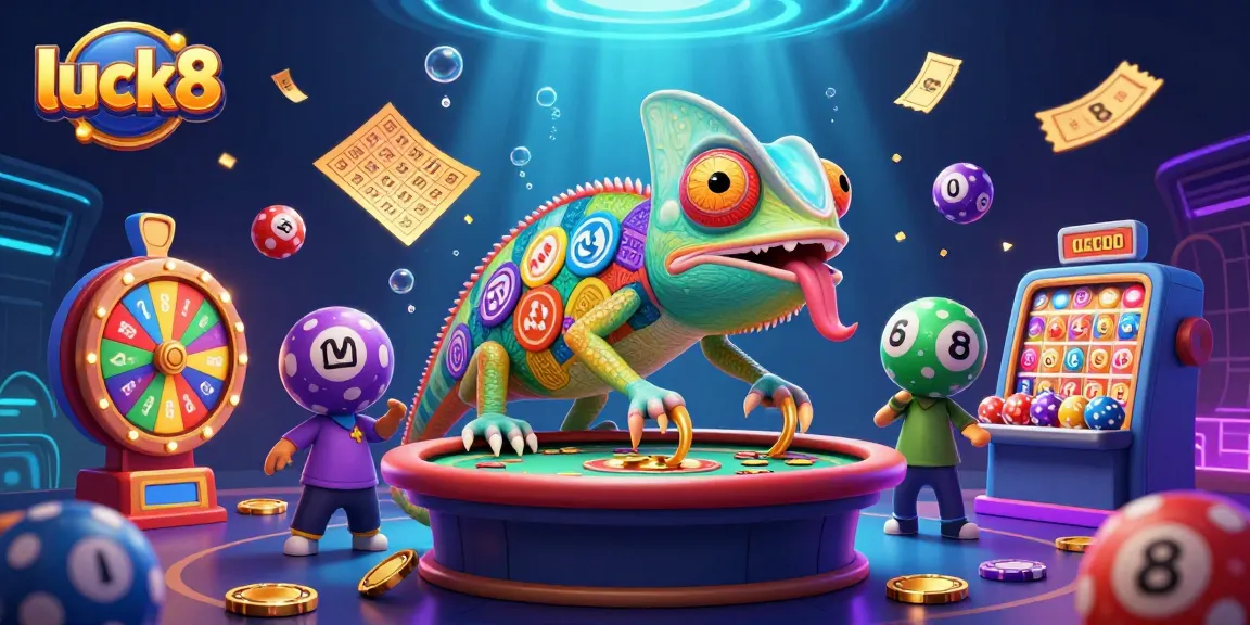Experience thrilling luck8 casino games with chameleon owner snatching coins in vibrant 3D illustration