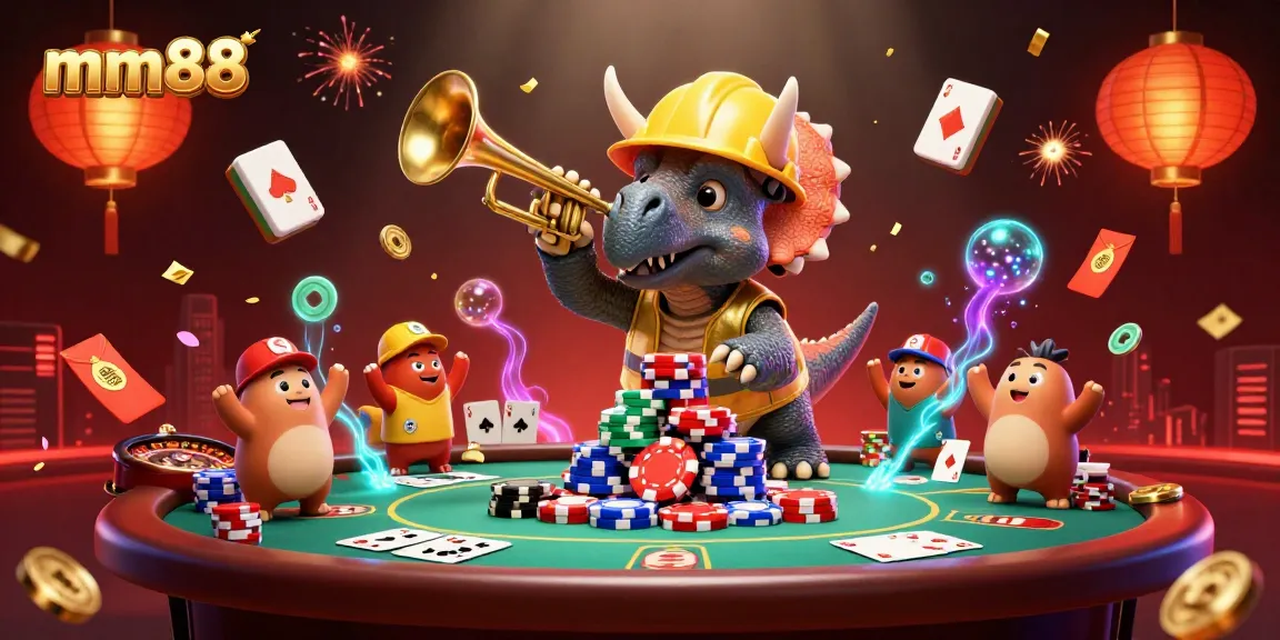 Engage with mm88 as vibrant 3D characters celebrate poker gaming in dynamic casino scene.
