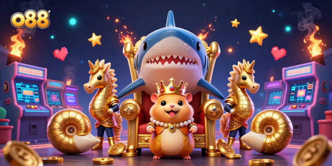 Experience thrilling gaming adventures with o88, featuring a royal hamster king and vibrant game elements.