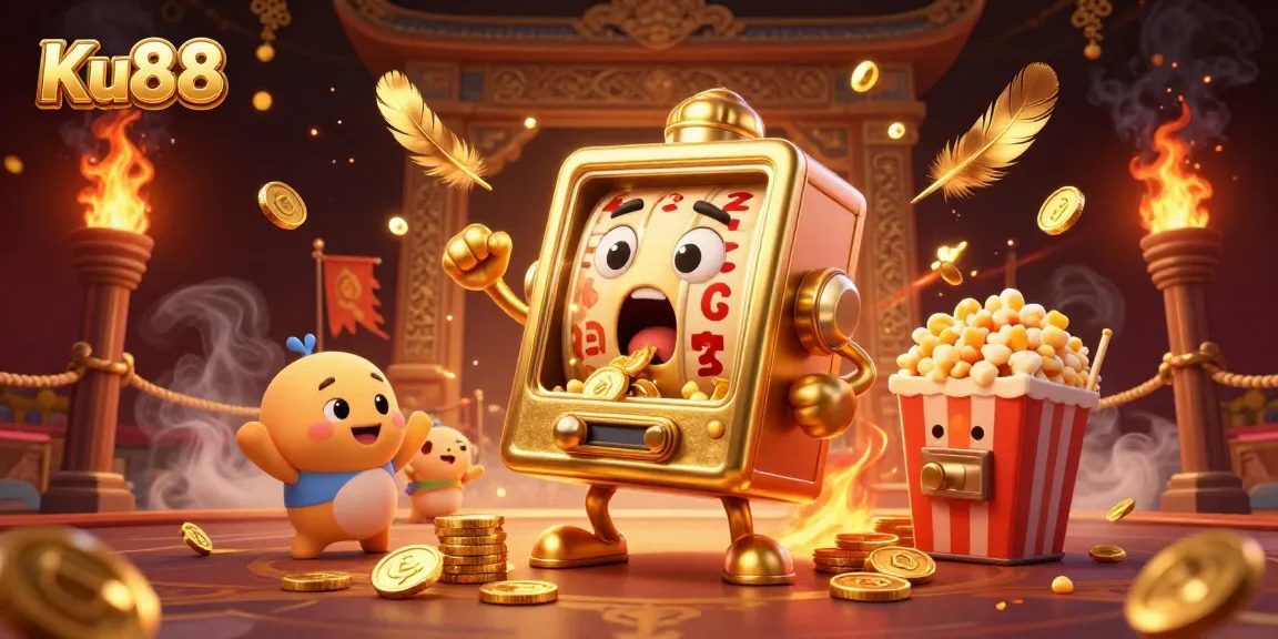 Ku88 slot machine hits jackpot, surrounded by cheering baby slots and golden popcorn machine.