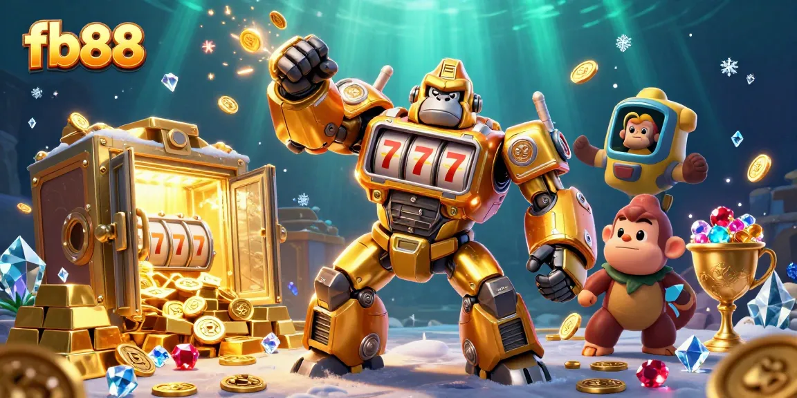 Experience thrilling action with fb88's golden gorilla mech, surrounded by treasures and dynamic casino elements.