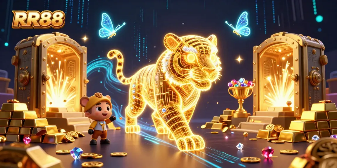 Experience thrilling RR88 online gaming with a neon-wireframe tiger amid dazzling casino elements.