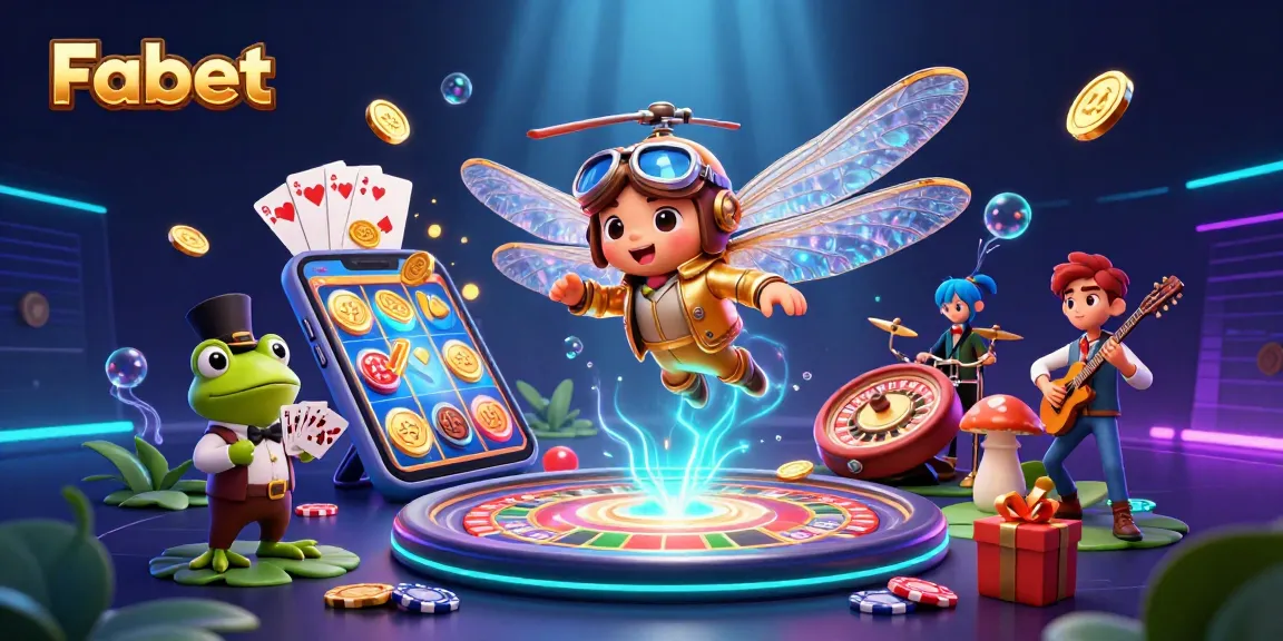 Experience the vibrant gaming world of Fabet with playful characters in a lively casino scene.