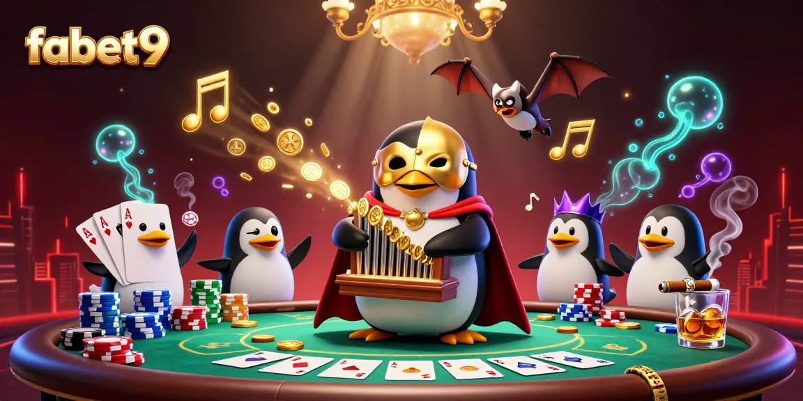 Experience fabet9's vibrant casino scene with golden coins, poker chips, and acrobatic characters.