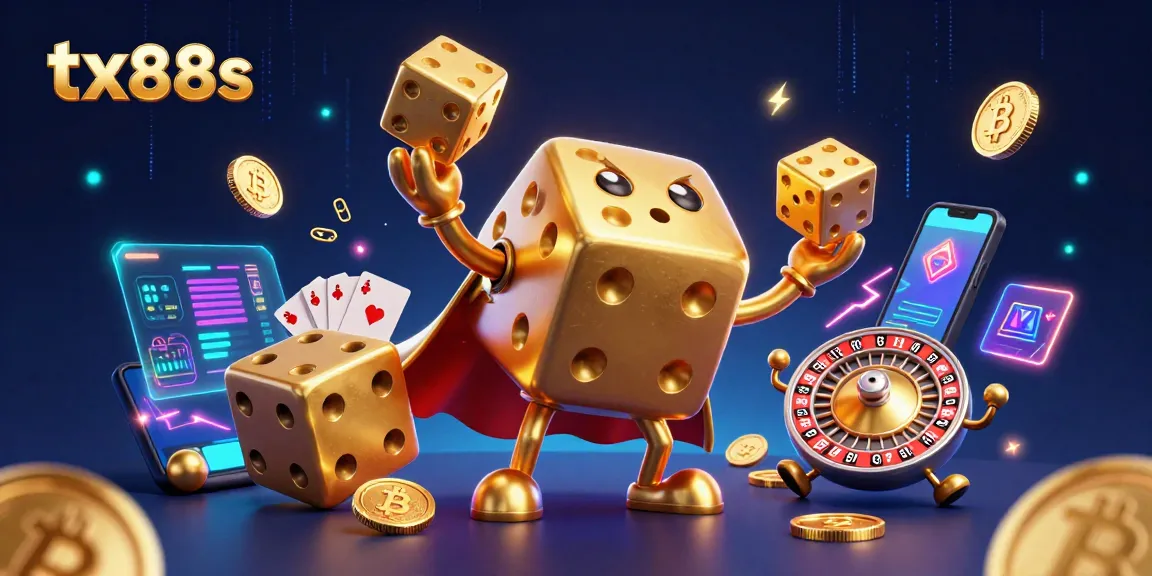 Engage with tx88s as golden dice juggle amidst crypto elements and neon lights.