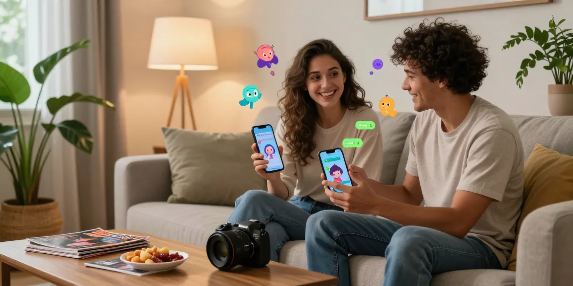 Couple using an nsfw chat bot on smartphones in a cozy living room.