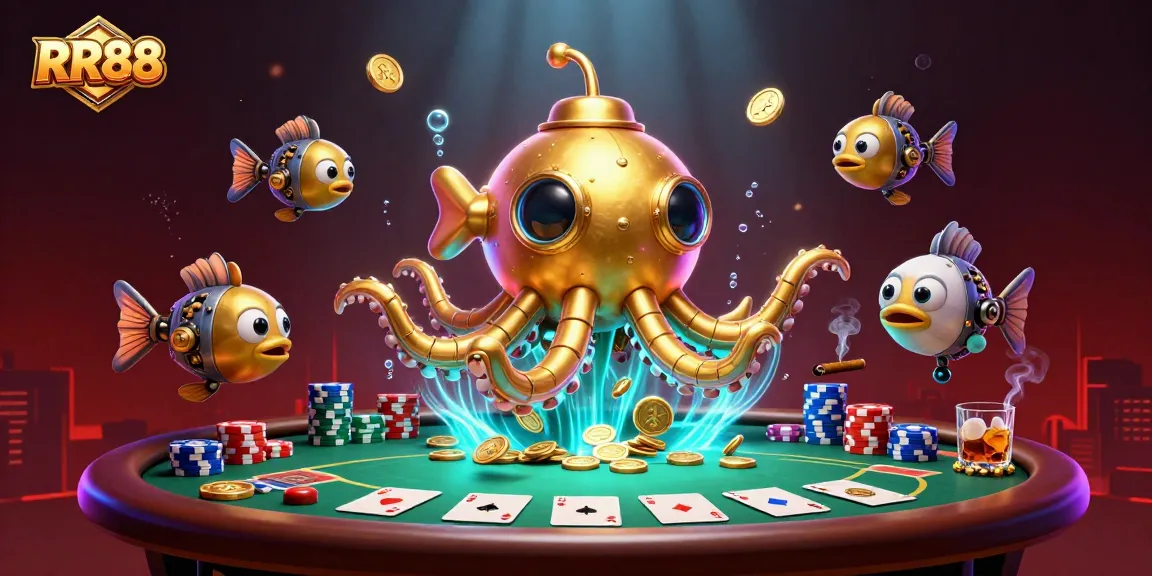 Experience thrilling action with RR88's 3D kraken and poker scene under glittering coins.