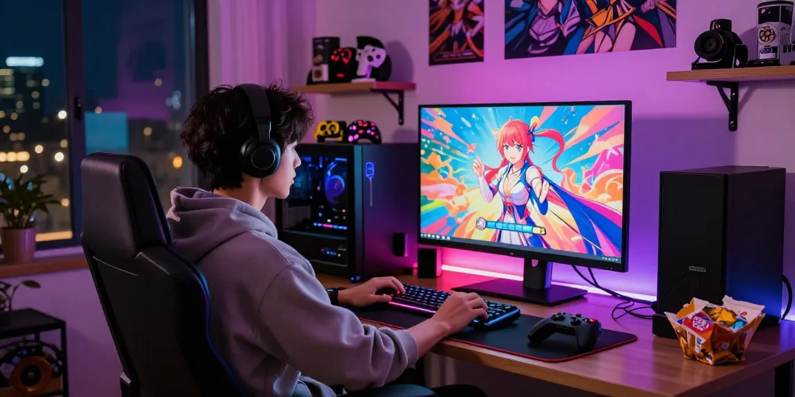 Engaging gamer playing a hentai game in a cozy room with colorful setup.