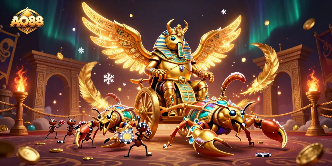 Bet on adventure with AO88, featuring a golden scarab beetle and casino elements in an epic scene.