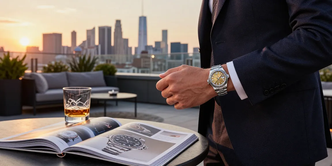 Showcasing rolex super clone watches in a luxurious urban sunset scene featuring a tailored individual with a sophisticated ambiance.