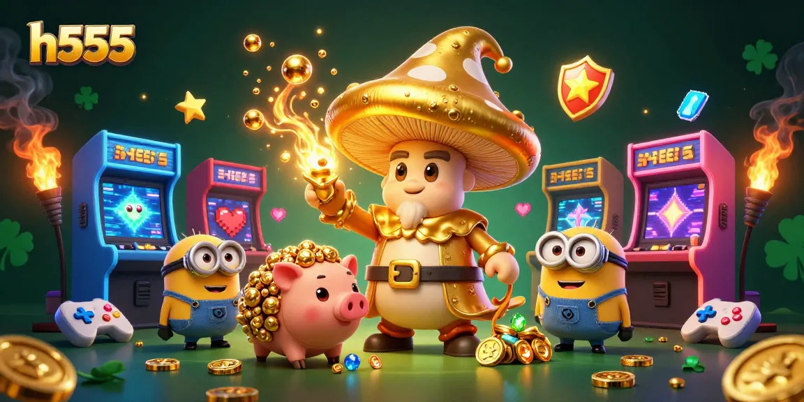 Engage with thrilling h555 action as the golden mushroom wizard conjures treasure in a vibrant, dynamic casino scene.