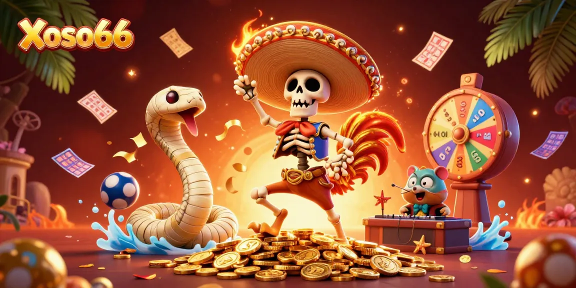 Xoso66 lottery platform featuring vibrant characters celebrating victory amidst colorful elements, including bingo cards.