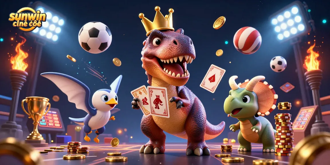 Experience the excitement of sunwin chính chủ with a friendly T-Rex shuffling cards and stacking chips in this vibrant 3D illustration.