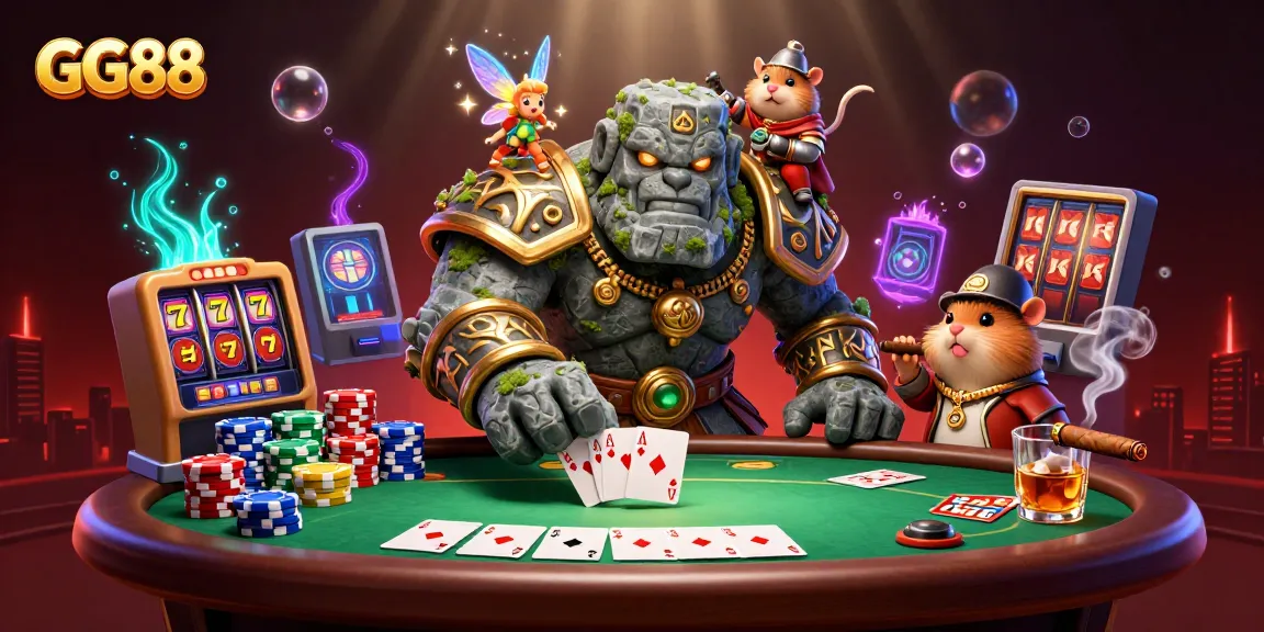 GG88 introduces a dynamic 3D scene with a golem guardian and magical elements in an engaging casino atmosphere