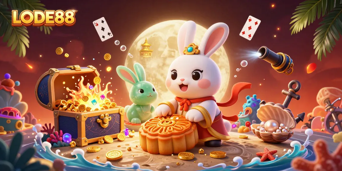 Experience LODE88 with an animated scene of a moon rabbit discovering poker chips, symbolizing online casino action.