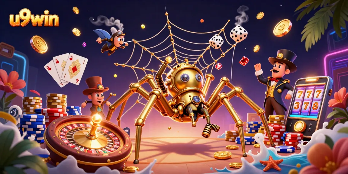 Win big with u9win in an ultra-detailed 3D casino scene featuring steampunk elements.