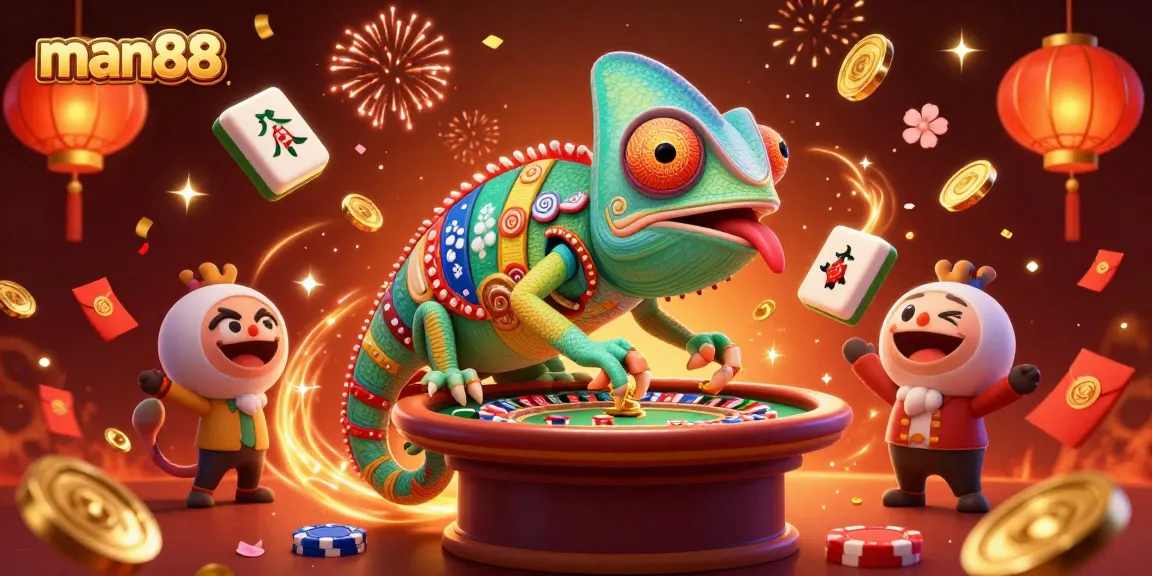 Engage with man88's vibrant casino scene featuring a chameleon owner, gold coins, and festive elements.