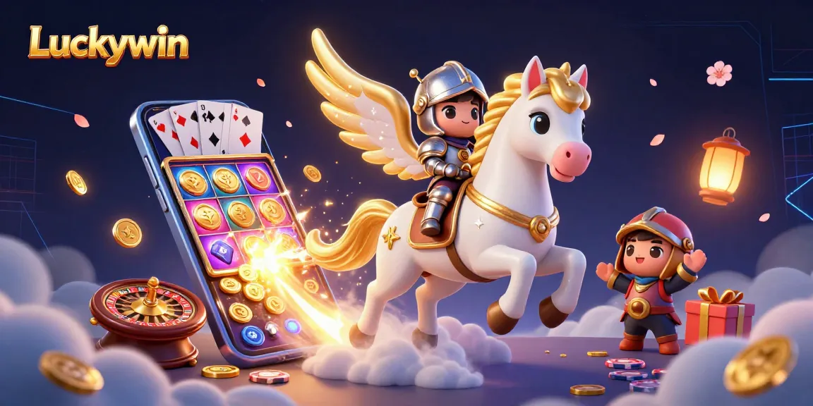 Luckywin brings excitement with a 3D celestial horse and charming knight amidst a vibrant casino scene.