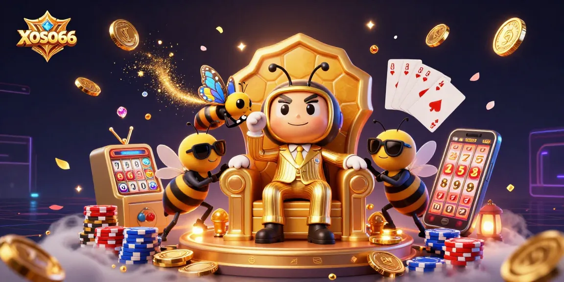 XOSO66 captures a lively 3D scene of a mob boss bumblebee in a golden throne surrounded by lottery elements.