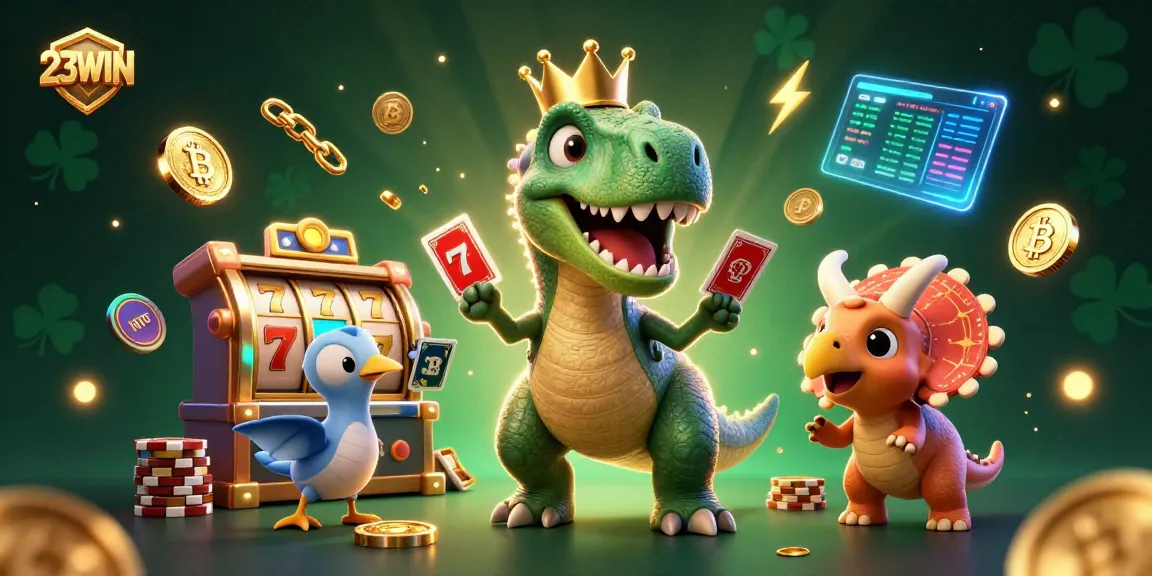 Engaging 3D scene depicting 23WIN characters in casino action, featuring dinosaurs enjoying gaming.