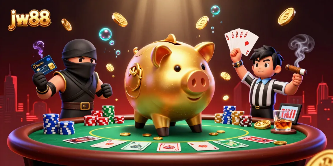 Cheerful scene showcasing jw88's exciting gameplay, featuring a golden piggy bank wrestler and lively poker elements.