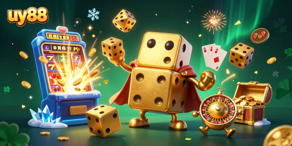 Experience the excitement of uy88 with a dynamic illustration showcasing golden dice and casino elements.