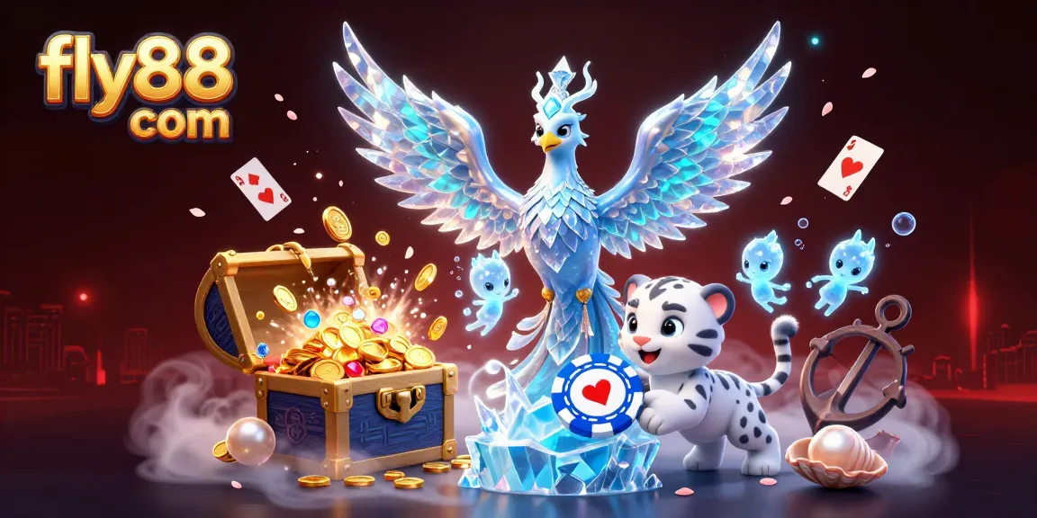 Try your luck with fly88 com in a vibrant casino-themed digital scene featuring dazzling creatures and treasures.