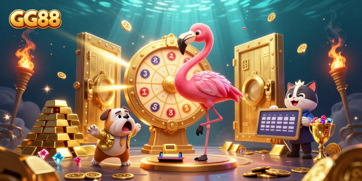 Experience thrilling jackpot excitement with GG88 in this vibrant 3D casino illustration featuring lively characters and dazzling prizes.